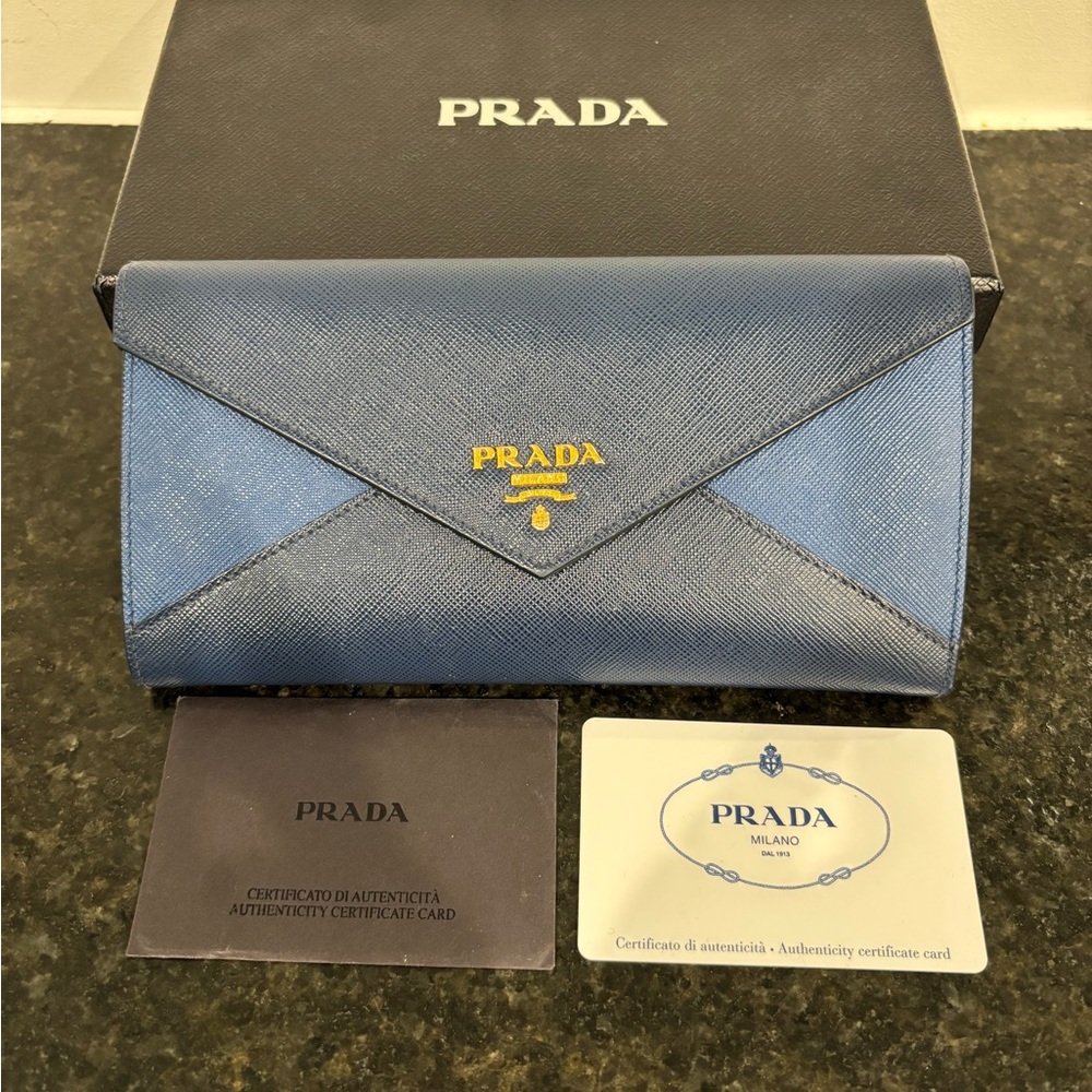 Prada Bluette & Azzurro Saffiano Leather Envelope Wallet *Very Rare*